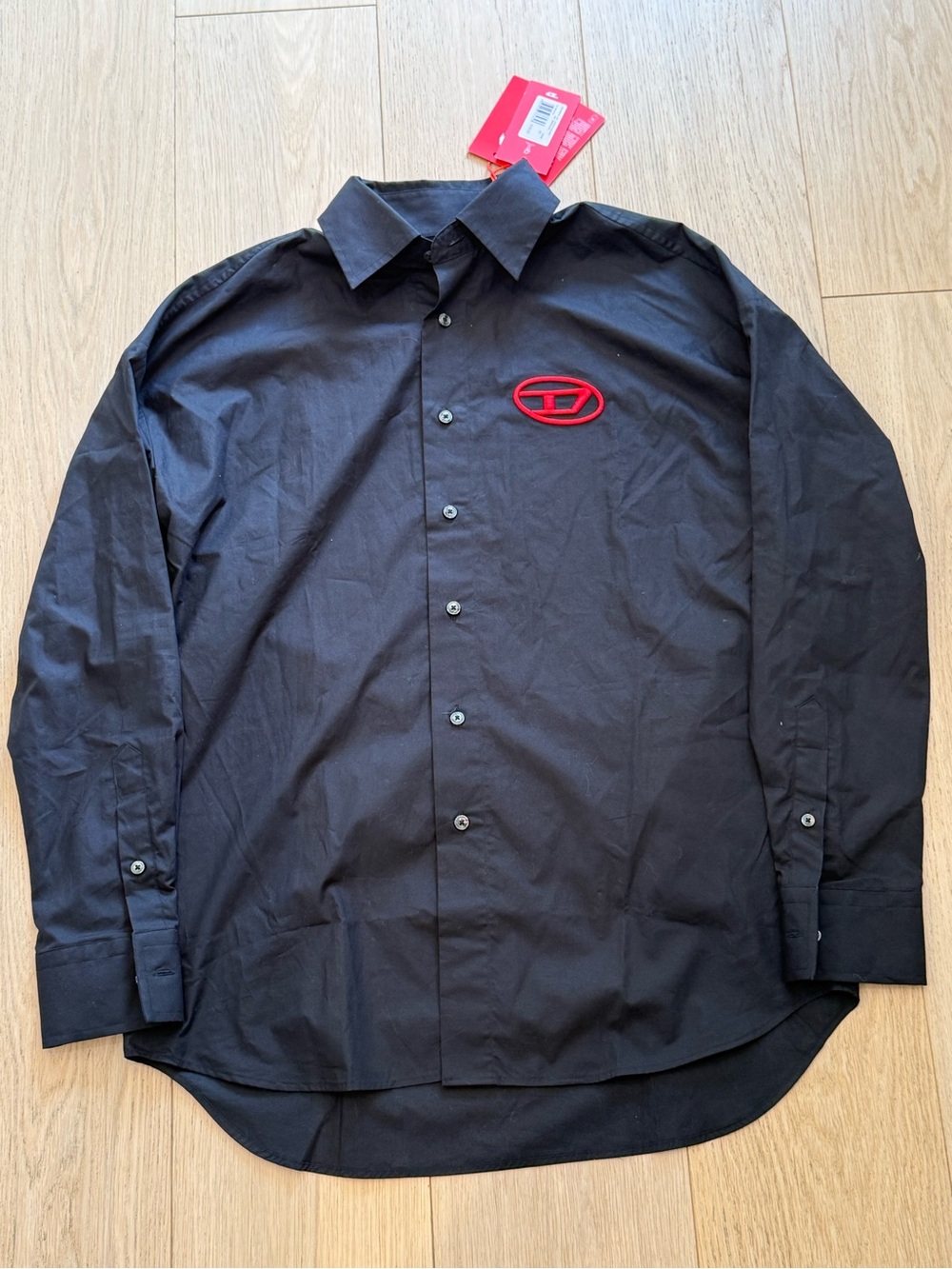 Diesel Black Button Down Shirt Red Logo Size 42 Designer Streetwear Luxury